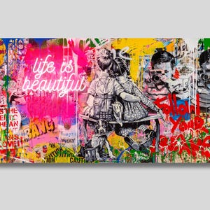 Life is Beautiful Print Canvas, Banksy Children Wall Decor, Banksy Wall Art, Graffiti Street Art, Banksy Love Canvas, Gift for Lovers