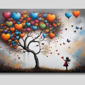 Banksy Girl with Colorful Heart Balloons Canvas Wall Art, Banksy Girl with Butterfly Print, Graffiti Art, Gift for Girls, Gift idea