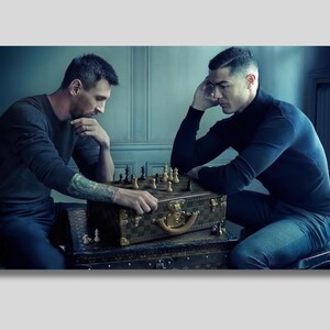 Messi & Ronaldo Playing Chess Canvas Wall Art, Messi Poster, Ronaldo Poster, Footbal Goats, Football Legends, Soccer Wall Art,Gift idea