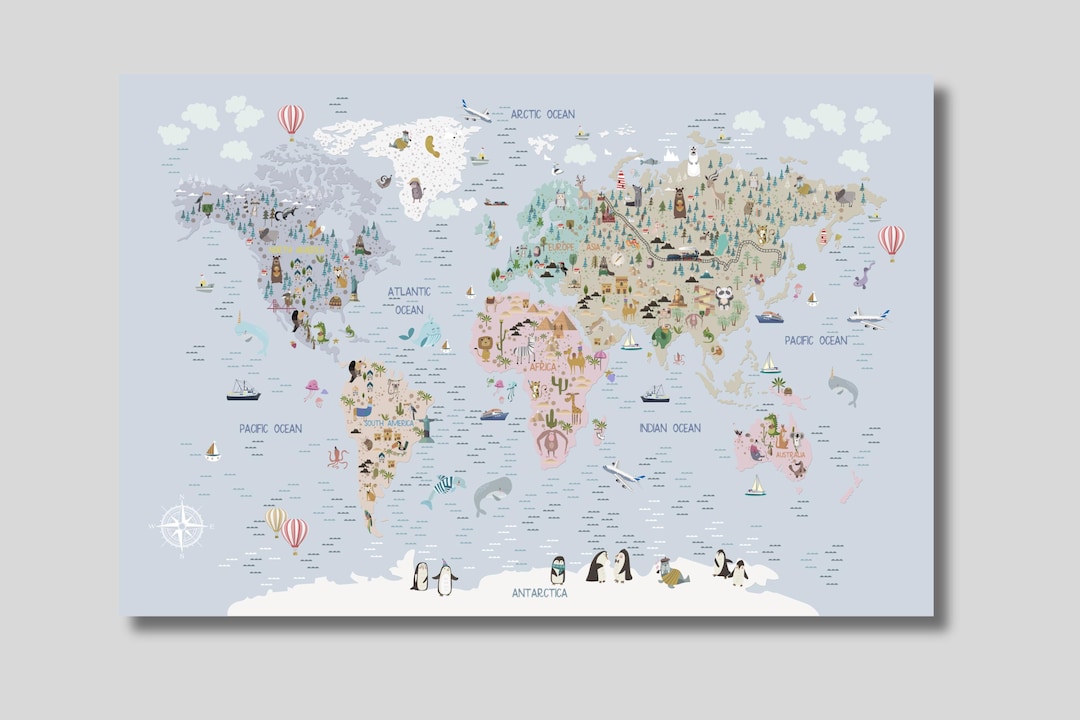 Animal World Map Canvas Print: Illustrated Kids Educational Poster - Etsy