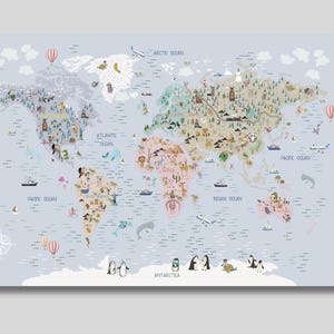 Stampa su tela con mappa del mondo illustrata, stampa con mappa del mondo animale, poster educativo, arredamento per la cameretta dei bambini, materiali Montessori, poster per bambini, arte di viaggio