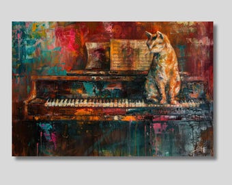 May include: A painting of a ginger cat sitting on a vintage piano with a sheet of music on the piano. The painting is done in a colorful, abstract style with splashes of red, blue, and green.