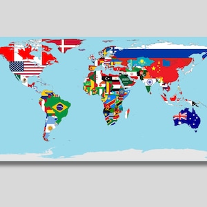 Puede incluir: Una ilustración de un mapa del mundo con las banderas de cada país mostradas dentro de sus fronteras. El mapa está sobre un fondo azul claro, con un borde blanco y un efecto de sombra. Las banderas son coloridas.