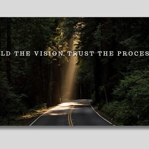 May include: A scenic photograph of a road winding through a dense forest, with sunlight streaming through the trees. The text "HOLD THE VISION, TRUST THE PROCESS" is displayed in white across the top.