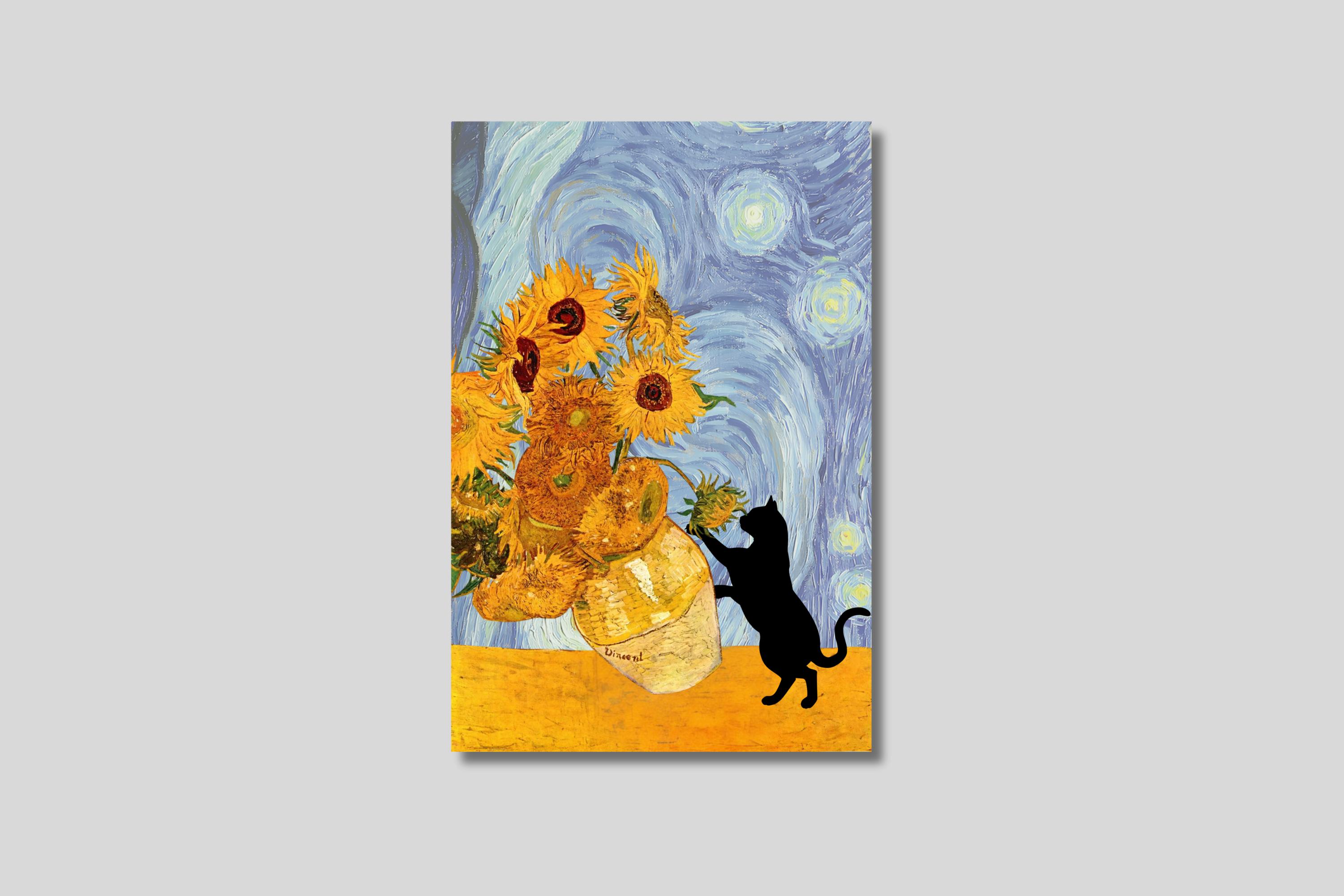 ゴッホ風のひまわりの絵画と黒猫のキャンバスウォールアート、気まぐれ