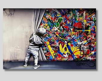 ラピュタ ｖｓ バンクシー アート 絵画 インテリア laputa banksy Banksy Child Pulling Curtain Graffiti Canvas Art: Trendy Home