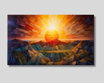 Sunset Over Mountain Canvas Wall Art, Sunset and Sunrise Wall Art, Abstract Sun, Sky Print, Landscape Print, Trendy Wall Art, Gift idea