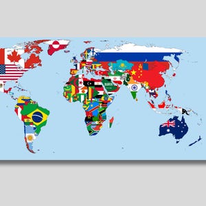 Weltkarte mit Flaggen der Länder Leinwand Poster, Weltkarte Wandkunst, Länderflaggen Druck, Wohnzimmer Wanddekor, Geschenk für Reisende