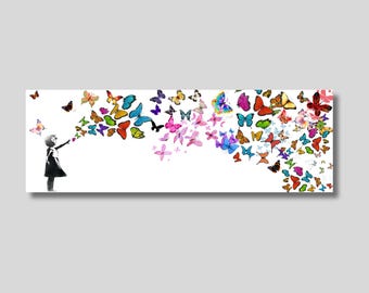 Banksy Girl with Butterflies Canvas Art Print: Graffiti Street Art
