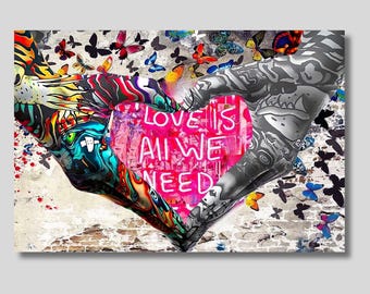 Banksy Love is All We Need Canvas Print: Graffiti Butterfly Wall Art