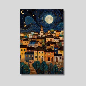 Gustav Klimt Style Village at Night Canvas Wall Art, Magical Sky and Moon Print, Old Village, Landscape Art, Trees Print, Trendy Decor, Gift