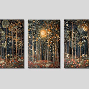 ウィリアムモリススタイルの夜の森のキャンバスウォールアート3点セット、空と月のプリント、花の装飾、風景画、トレンディな装飾、ギフトアイデア