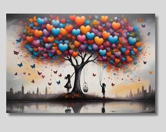 Banksy Girls with Heart Balloons Canvas Print: Graffiti Wall Art