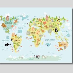 Illustrierte Weltkarte Druck auf Leinwand, Lernposter, Kinderzimmerdeko, Montessori Materialien, Kinderposter, Reisekunst