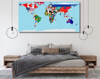 国旗付き世界地図キャンバスプリント：旅行ウォールアート - Etsy 日本