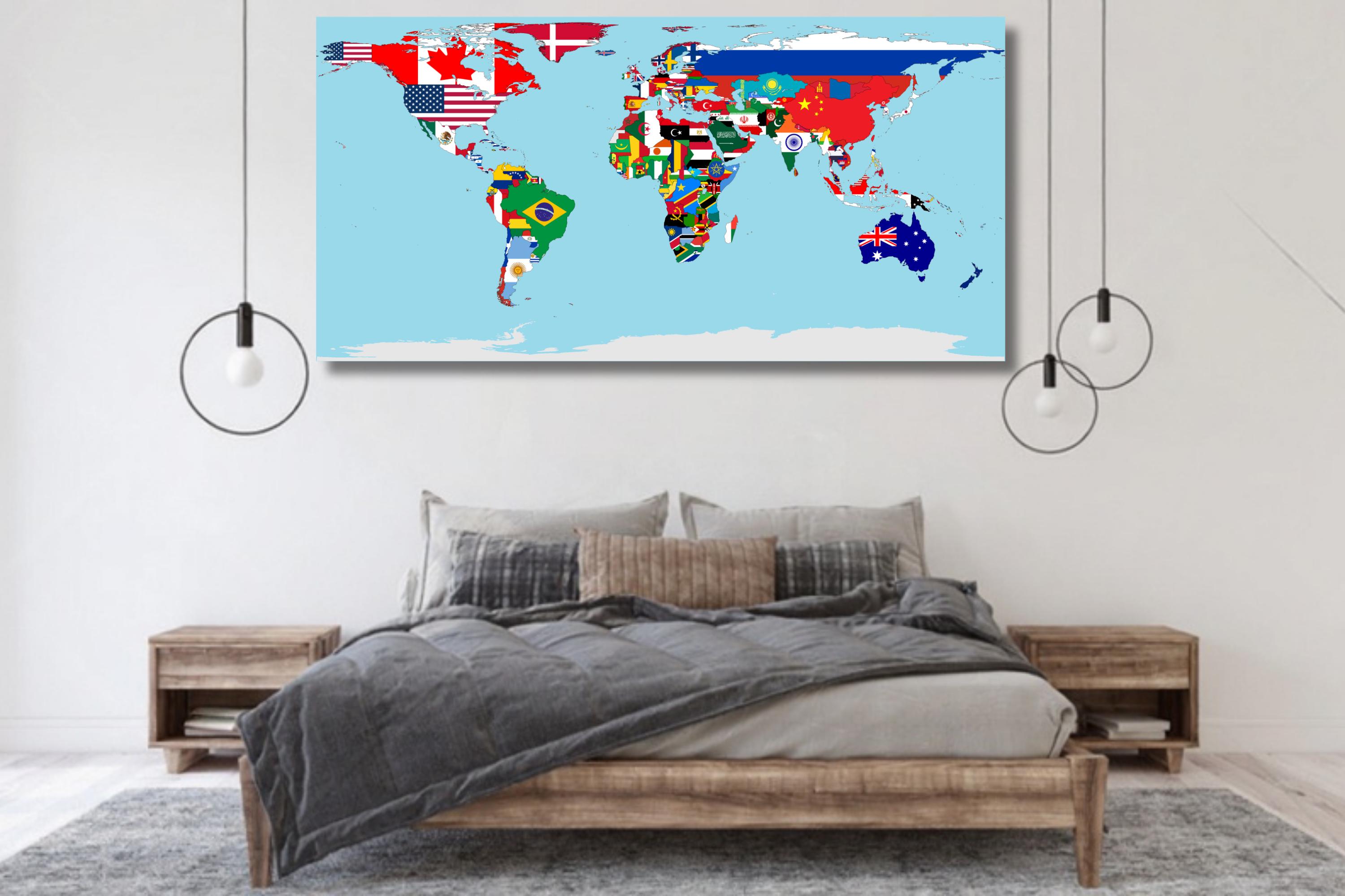 国旗付き世界地図キャンバスプリント：旅行ウォールアート - Etsy 日本
