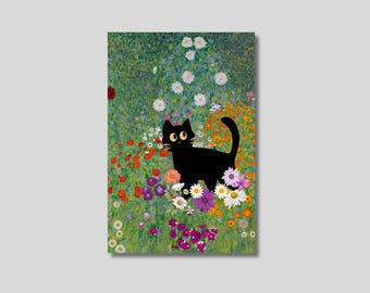クリムト風黒猫アートプリント - 花柄ガーデン猫好きへのギフト - Etsy