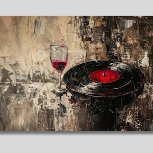 Music & Wine Illustration Canvas Wall Art, Music Poster, Abstract Music Print, Mid Century Modern, Minimalist Decor, Kitchen Print, Gift