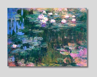 May include: Impressionistic painting of a water garden with lily pads and water lilies. The artwork features a palette of blues, greens, pinks, and purples, with reflections in the water. The painting evokes a sense of tranquility.