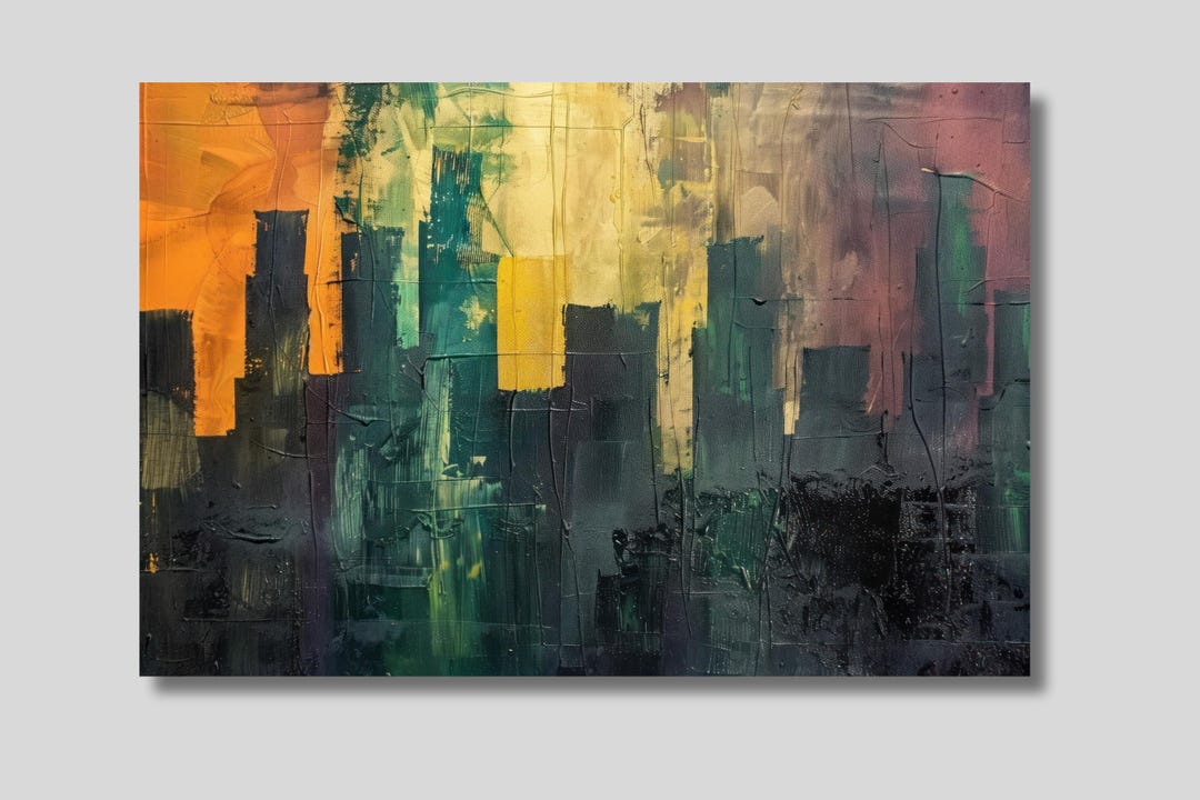 抽象的な都市景観の油絵：スカイラインのキャンバス壁アート - Etsy 日本