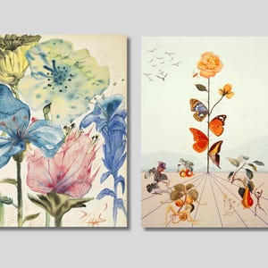 Juego de 2 lienzos de Salvador Dalí para pared, impresiones de Dalí, impresiones de arte abstracto, póster de Dalí, tono neutro, arte floral de Dalí, arte floral, idea de regalo