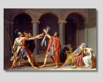 May include: A painting depicting a dramatic scene with a man holding up swords, surrounded by other figures. The man is wearing a red and blue robe, and the other figures are dressed in various shades of blue and brown. The scene is set in a room with arched doorways and columns.