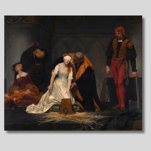 May include: A painting depicting a scene from a historical event. A woman in a white dress and a blindfold is kneeling on the floor. A man in a dark robe stands over her, while another man in a red and black outfit stands to the right. The woman is surrounded by straw.