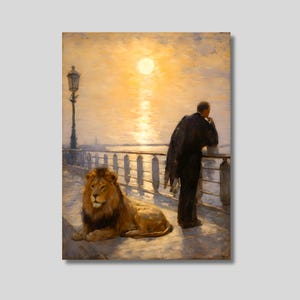 Magritte Inspired Homesickness Canvas Art: Lion, Man, Sea - Surrealist Decor