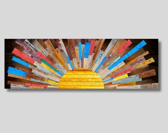 Panoramic Sun Wall Decor, Panoramic Sunrise Canvas Wall Art, Long Sunshine Bedroom Wall Art, Wood Look Sunbeam Bed Decor, Gift idea
