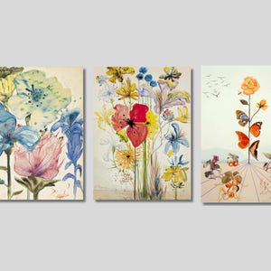 3er Set Salvador Dali Leinwand Wandkunst, Dali Blumen Kunst, Dali Kunstwerke, Fleurs Leinwandkunst, Florale Kunst, abstrakter Kunstdruck, neutraler Ton