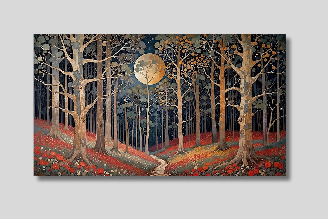 Mystical Moonlit Forest Canvas Wall Art: Red Flowers Pathway, Night Sky ...