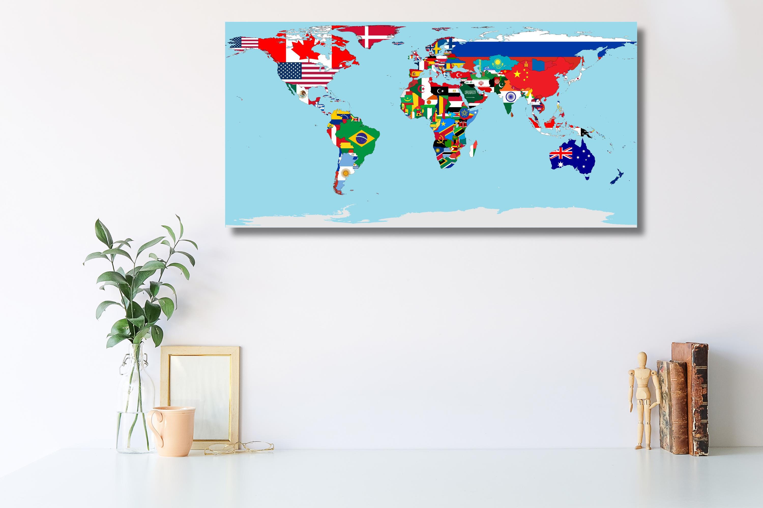 国旗付き世界地図キャンバスプリント：旅行ウォールアート - Etsy 日本