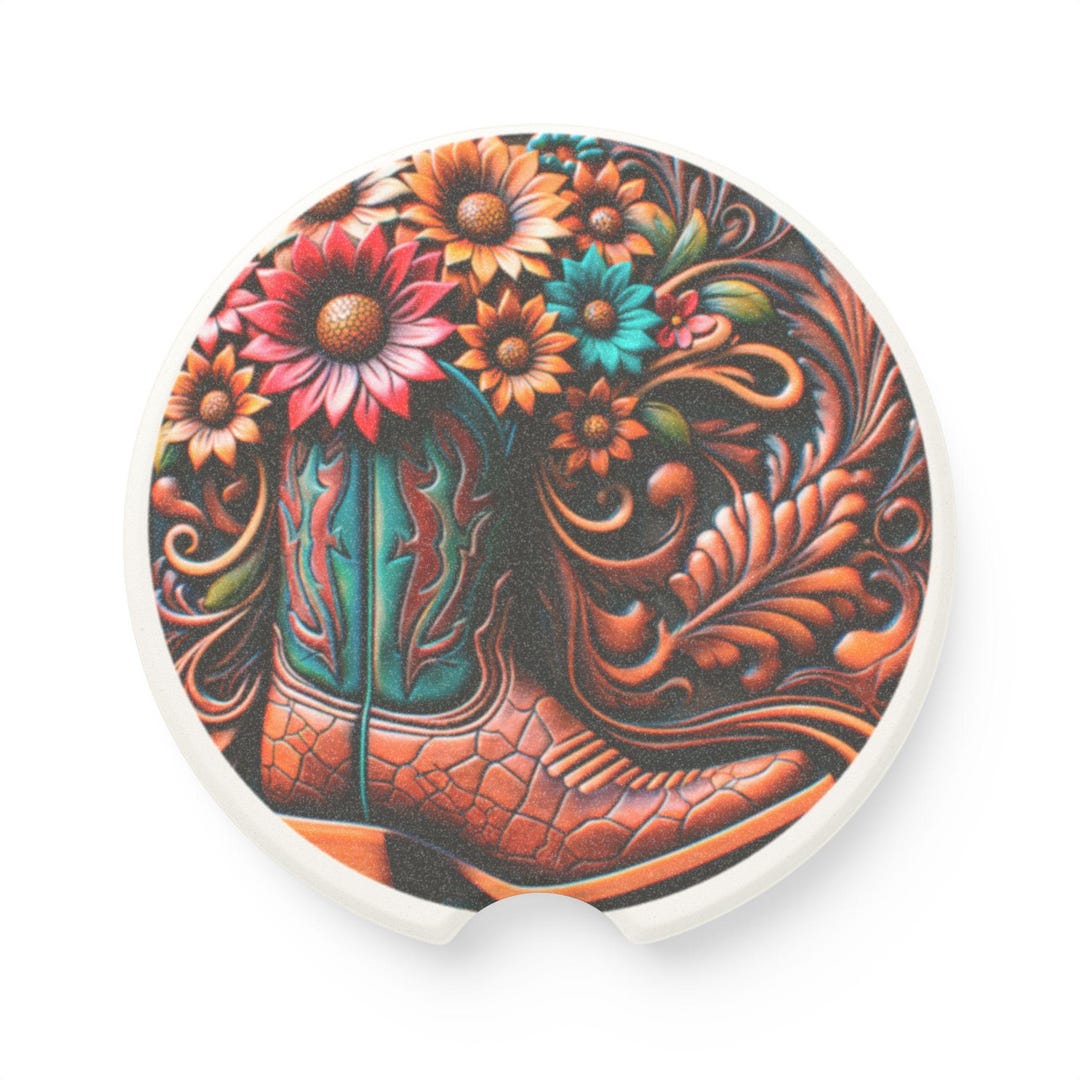 Floral Western Boot Soapstone Car Coaster | Cowboy Boot Floral Car ...