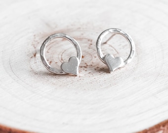 Sterling silver textured hoop and heart stud earrings