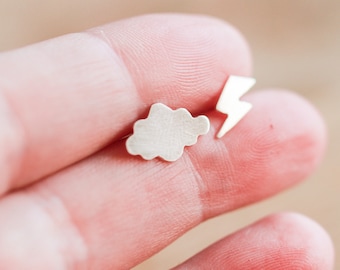 Weather post earrings - storm chaser studs - sterling silver - tiny - cloud - lightening