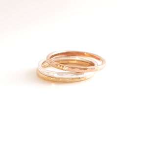 14k gold filled tricolour stacking rings, set of 3, hammered texture, gold, silver, stacker, ring