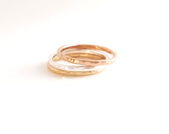 14k gold filled tricolour stacking rings, set of 3, hammered texture, gold, silver, stacker, ring