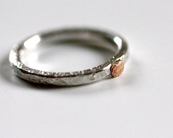 Sterling silver and 14k rose gold ring - textured - robust - stacking ring