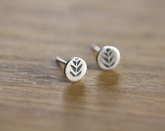 Last pair - Tiny studs - posts - earrings - sterling silver - leaf - stamped