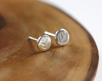 Tiny studs - posts - earrings - sterling silver - leaves - stamped