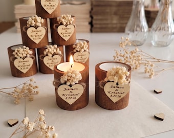 Personalized Wooden Candle Holder Favors, Rustic Wedding Favors with Dried Flowers, Custom Wedding Gift for Guests, Candle Favor in Box