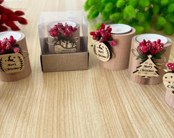 Happy Holiday FavorsChristmas Gifts, Christmas Personalized Candle Favor, Christmas Wooden Candle Holder, Merry Christmas Tag