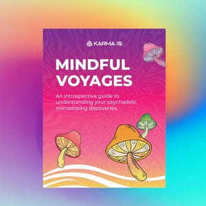 May include: A pink and yellow psychedelic poster with the text "Mindful Voyages" and the tagline "An introspective guide to understanding your psychedelic microdosing discoveries." The poster features illustrations of mushrooms.