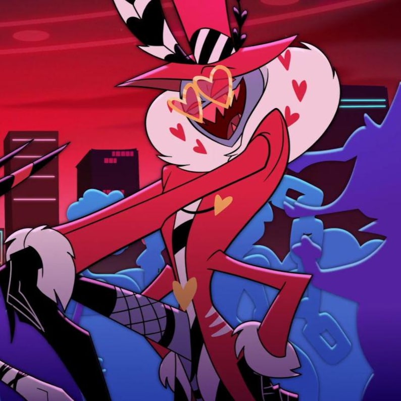 May include: A cartoon character in a red suit with a white collar adorned with red hearts. The character wears a tall red hat with black and white stripes and heart-shaped glasses. The background is a cityscape with red and purple hues.