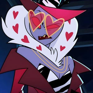 May include: Animated character with pale purple skin, wearing heart-shaped sunglasses with red lenses and a gold frame. The character has white hair with red hearts, a black and white striped top, and a red coat. A gold necklace is visible.