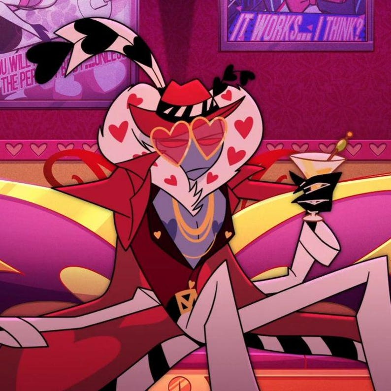 May include: A cartoon character in a red suit, hat, and heart-shaped glasses, holding a martini. The character has a white face with heart-shaped accents and is seated on a pink and yellow couch. The background is a dark pink.