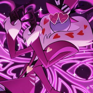 May include: A cartoon character with a white and magenta color scheme, wearing heart-shaped sunglasses and a top hat. The character has red heart accents and is set against a neon purple background with star accents.