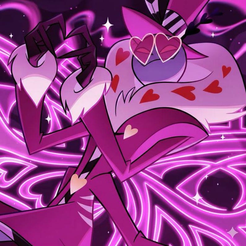 May include: A cartoon character with a white and magenta color scheme, wearing heart-shaped sunglasses and a top hat. The character has red heart accents and is set against a neon purple background with star accents.