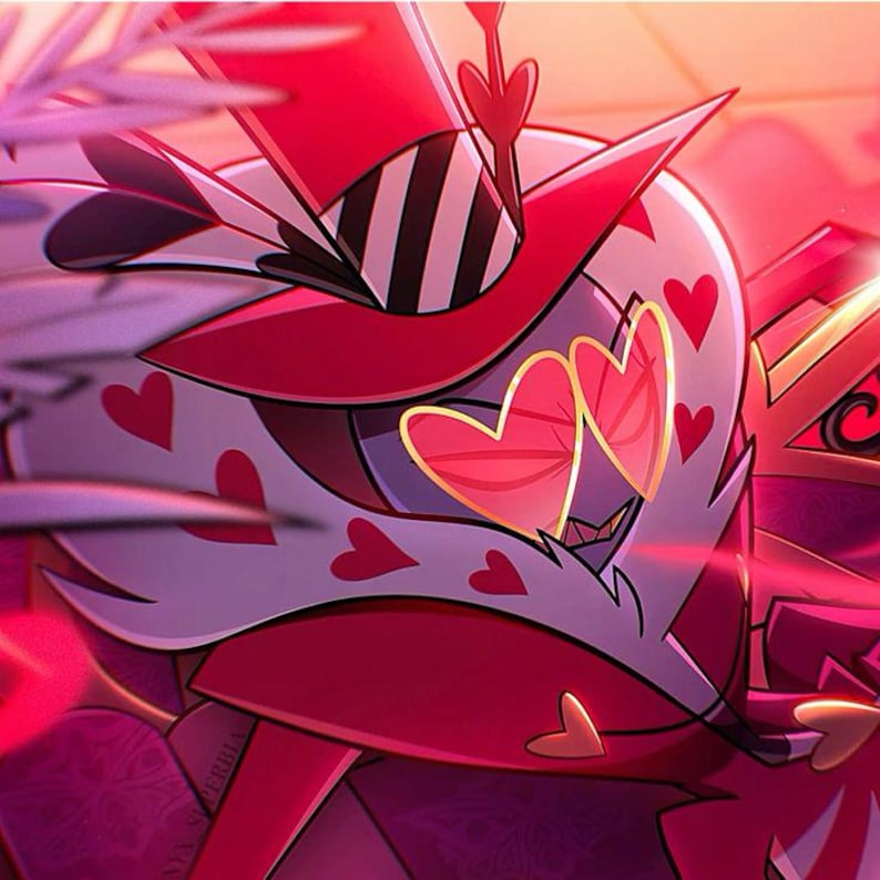 May include: Illustration of a character with a red and white color scheme. The character wears a top hat with black and white stripes, heart-shaped glasses, and a red bow tie. Red hearts are scattered across the design. The overall style is cartoonish.