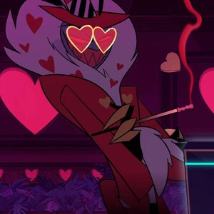 May include: Illustration of a cartoon character in a red suit and hat, with heart-shaped sunglasses. The character has white fur and is smoking a cigarette. Pink hearts are scattered around the character.